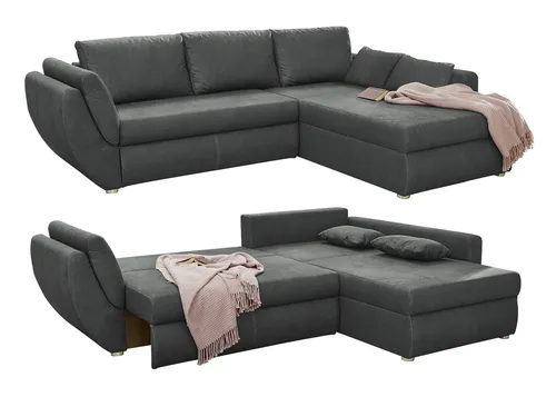 ECKSOFA mit Schlaffunktion und Bettkasten - Dunkelgrau - Modernes Ecksofa mit Schlaffunktion, ideal für Wohnzimmer und Gästezimmer. Mit praktischem Bettkasten und verstellbaren Armlehnen für maximalen Komfort.
