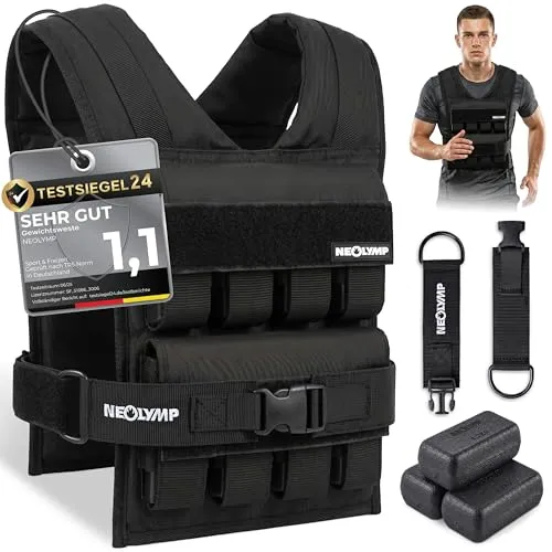 NEOLYMP Gewichtsweste 20kg – Stufenlos verstellbar für optimales Training - Die NEOLYMP Gewichtsweste bietet stufenlose Anpassung bis 20 kg mit 16 entnehmbaren Metallblöcken. Ideal für Calisthenics und Krafttraining – bleibt sicher am Körper und sorgt für maximale Stabilität bei jeder Übung.