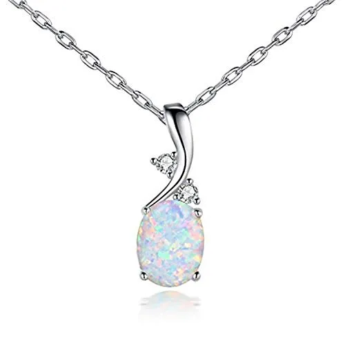 HMOOY Versilbert Erstellt Edelstein Birthstone Blue Oval Opal Anhänger Halskette Für Frauen Mutter Mädchen (Silver)