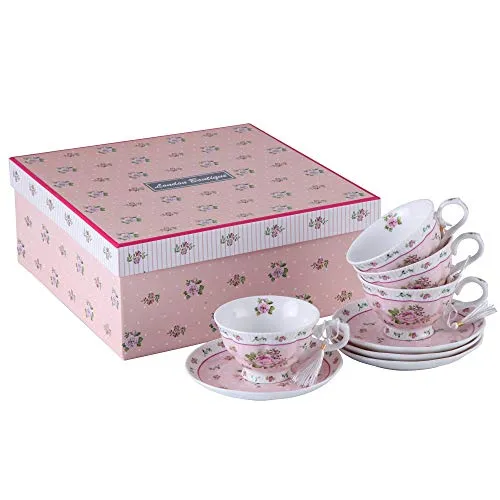 London Boutique Kaffeetasse und Untertasse, Shabby Chic, Vintage, Porzellan, Vogel Schmetterling, Flora, Geschenk-Box (Rose Pink)