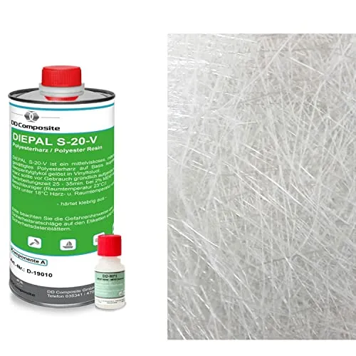 DD Composite Polyesterharz 1kg mit 1m² Glasfasermatte - Zwei-Komponenten-Kleber für vielseitige Reparaturen im Fahrzeugbau, Modellbau und Kunsthandwerk. Styrolfreies Harz mit einfacher Anwendung und klebrigem Aushärten - keine Schleifarbeit nötig!