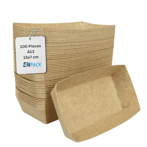 Enpack Snackschale A13-500 Stück Snackschalen aus Kraftpapier - Snack Box 15x7x3,5cm - Currywurst Schale 440 ml - Behälter für Tapas, Chips, Pommes etc. - optimal geeignet als Fingerfood Schalen