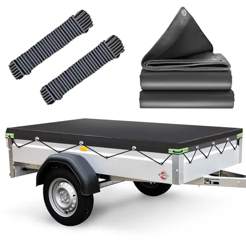 Anhängerplane Flachplane 207.5x114x10cm | WASSERFEST Anhänger Abdeckplane mit 7m Planenseil | Ideal für Stema BÖckmann Humbaur Pongratz 201x108cm 750kg Anhänger