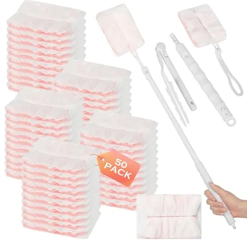 Pieces for, kompatibel mit für Swiffer staubmagnet, für Swiffer Duster 50 Staubtüchern + 1für teleskopstange + 1 Kurzgriff, Staubentfernungstuch absorbiert effektiv Staub( rosa ) 52