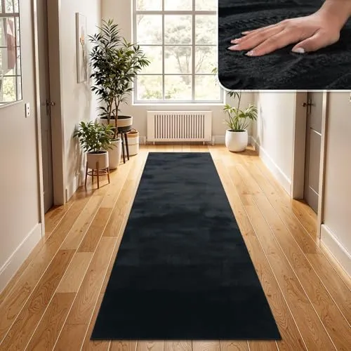 TT Home Wohnzimmer Teppich Hochflor Langflor Kunstfell Weich Modern Unifarben Flauschig, Farbe: Schwarz, Größe:60x90 cm
