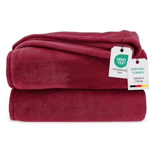 heimtexland Kuscheldecke Flanell Bordeaux 130x170 cm - Wohndecke aus hochwertigem Flanell, super weich und warm, ideal für gemütliche Abende. Mit OEKO-TEX Zertifizierung und fusselfrei – perfekt für Zuhause und unterwegs!
