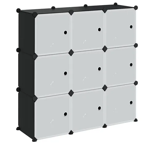 Regalsystem mit 9 Würfeln und Türen in Schwarz - Kreatives Regalsystem mit 9 Fächern, ideal für stilvolle Aufbewahrung und Organisation in jedem Raum.