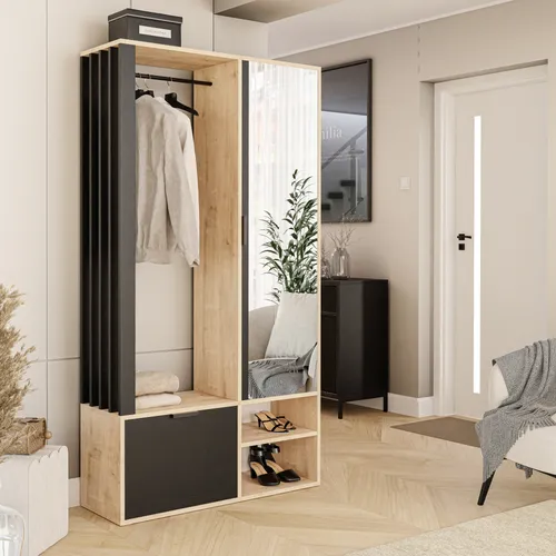 Garderobenschrank Milo mit Spiegel und Ablagen, Artisan + Schwarz - Drohnenzubehör mit modernem Design und praktischem Spiegel, ideal für stilvolle Ordnung in Ihrem Raum.