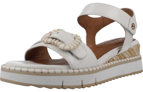 Tamaris Leder Keilsandalette in Weiß, Größe 41 - Elegante Keilsandalette in Größe 41 mit 5 cm Absatzhöhe. Aus hochwertigem Leder gefertigt, ideal für stilvolle Sommerlooks. Der Klettverschluss sorgt für einen bequemen Sitz.