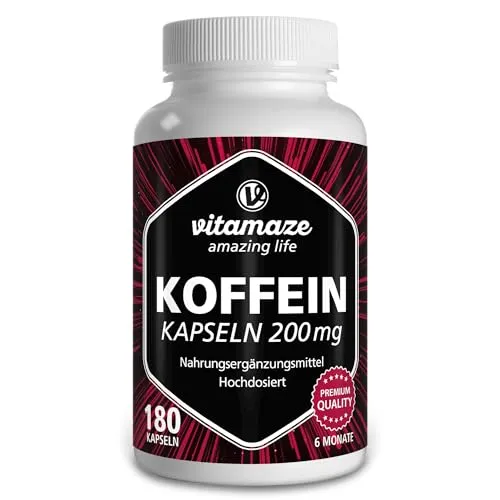 Koffein Kapseln hochdosiert, 180 Kapseln mit 200 mg reinem Koffein Pulver für 6 Monate, 2 Tassen Kaffee in einer Kapsel, Nahrungsergänzung ohne unnötige Zusatzstoffe, Made in Germany