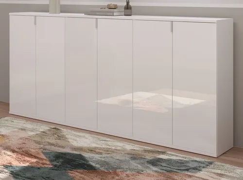 Inn.Furn Sideboard weiß Hochglanz 183 x 99 cm - Kommode & Anrichte mit elegantem Hochglanzfinish, verstellbaren Einlegeböden und robustem FSC-zertifiziertem Holz für nachhaltigen Stauraum im Esszimmer oder Wohnzimmer.