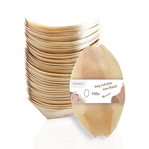 wisefood Birkenholz Snackschale braun, 100 Stück Fingerfood Schale/Schiffchen, to go Snacktray, biologisch abbaubare Dipschalen, Bio Einweggeschirr, 11 cm Länge
