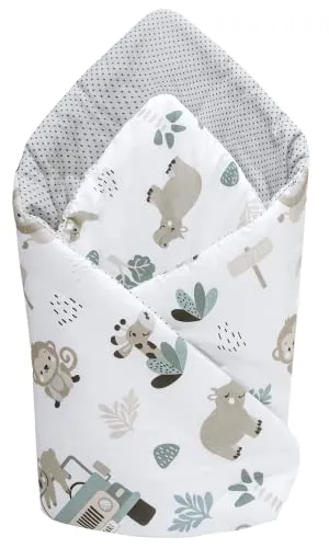 Medi Partners Steckkissen 100% Baumwolle 75x75cm Einschlagdecke Babyhörnchen doppelseitig weich ganzjährig multifunktional antiallergisch Babys (Minze Zoo)