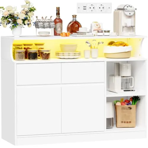 BEWISHOME Küchenschrank mit LED Licht und Steckdosen – Vielseitiges Sideboard für Küche und Wohnzimmer