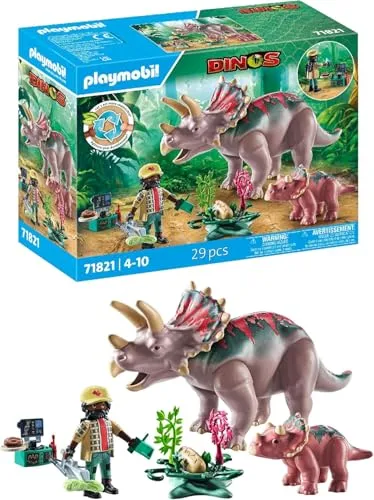 PLAYMOBIL Triceratops mit Jungtier - Dino Abenteuer Spielset - Spielfigur Spielsets: Erlebe spannende Dino-Abenteuer mit beweglichem Triceratops und Baby, inklusive Forscherzubehör und Wissenskarte für kleine Entdecker ab 4 Jahren.