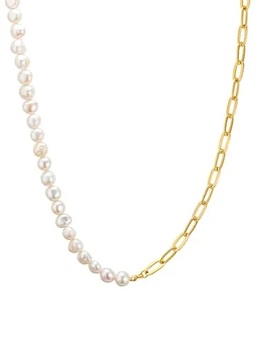 Yokoamii Damen Kette mit barock Süßwasser-Zuchtperle - Ketten für Damen: Stilvolle gelbvergoldete Gliederkette mit asymmetrischem Design und edler Süßwasser-Zuchtperle, ideal für jedes Outfit und Anlass.