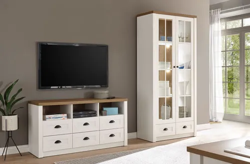 Landhaus Wohnwand Mediawand Anbauwand Wohnzimmer 220cm pinie weiß eichefarben hell