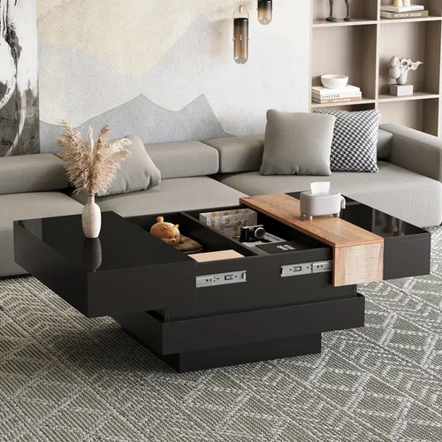 MODFU Ausziehbar Couchtisch Beistelltisch mit Hochglanz,Kaffeetisch mit verstecktem Stauraum,Teetisch mit Farbblock-Design,Schwarz