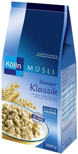 Kölln Knusper Klassik Müsli 2,0 kg - Müsli mit 56 % Vollkorn-Haferflocken, knusprig und mit feiner Vanille-Note für einen energiereichen Start in den Tag. Ideal zum Verfeinern mit Früchten oder Joghurt.