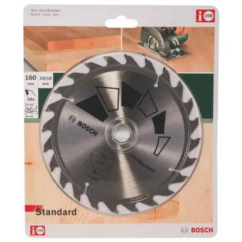 Bosch Accessories 1x Kreissägeblatt Standard (Sägeblatt für Holz, Ø 160 x 2.2/1.5 x 20/16 mm, 24 Zähne, ATB, mit 1x Reduzierring 16 mm, Zubehör Kreissäge)