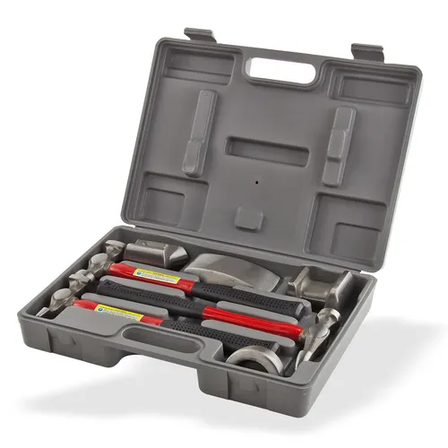 DEMA Ausbeul-Riffelhammer 7tlg Set - 7-teiliges Ausbeulset für Handwerker: Ideal für Auto- und Metallarbeiten mit vibrationsarmen Fiberglas-Stielen. Praktischer Koffer für einfache Handhabung und Transport.