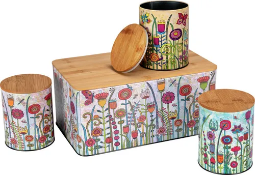 WENKO Brotkasten Bambus Brotbox Set mit Vorratsdosen - Brotkästen: Stilvolles 4er Set aus Brotkasten und zylinderförmigen Dosen mit einzigartigem Blumenmuster, luftdicht und nachhaltig aus Bambus gefertigt.