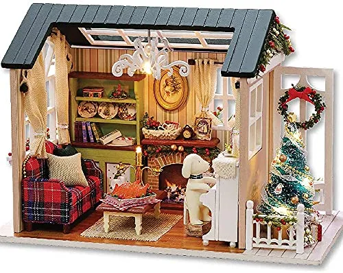 DIY Miniaturhaus-Kits mit Möbeln und LED-Lichtern, CUTEROOM 3D-Holzpuppenhaus-Kits ab 14 Jahren, zum Bauen für Teenager, Erwachsene, Geburtstag, Frohe (Retro-Ferienhaus)