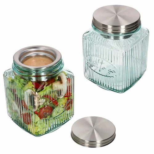 MamboCat 2er Set Salat to Go Vorratsglas 1 L - Nachhaltige Vorratsdosen-Sets aus 100% recyceltem Glas, ideal für Salat und Snacks unterwegs. Inklusive 2 Deckel und Dressingbehältern, perfekt für Schule oder Arbeit.