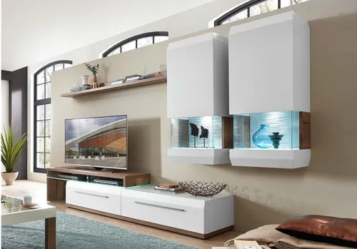 Moderne Wohnwand LIGHT LINE 2 in Weiß Matt und Eiche mit LED - Stylische Wohnwand LIGHT LINE 2 für Unterhaltungselektronik. Mit LED-Beleuchtung, großzügigem Stauraum und innovativer Beschlagtechnik für leises Schließen. Ideal für Ihr Wohnzimmer!