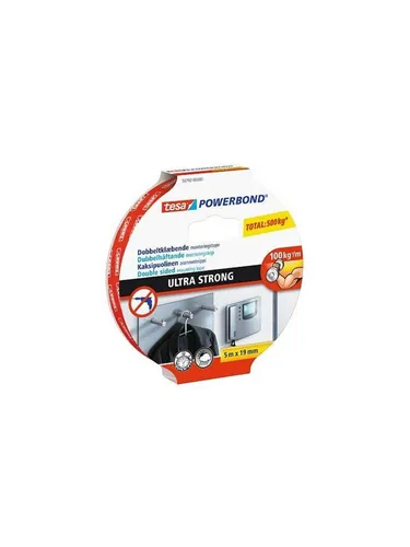 tesa Powerbond Ultra Strong 5m x 19mm - Klebstoffe - Ultra-starker doppelseitiger Kleber für feste Oberflächen, hält bis zu 10 kg pro 10 cm Tape, perfekt für dauerhafte Montagen ohne Bohrer oder Hammer.