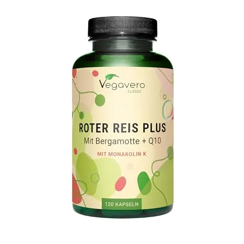 Roter Reis Plus Kapseln Vegavero® | 2,9 mg Monakolin K | Komplex mit Bergamotte + Artischocke + Q10 | Red Yeast Rice | Flavonoide & Antioxidantien | Ohne Zusatzstoffe | Vegan
