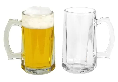 BURI 2 Stück kleine Biergläser mit Henkel 422ml 8x15cm Krug Glas zwei Krüge Bierglas mit Griff Bierkrug Maßkrug Bierseidel Trinkgläser Trinkgefäß Trinkgefäße Maß 2er Set 0,4L 0,4 L klassisches Design