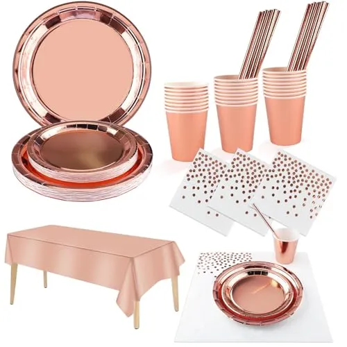 Vexillik Geburtstagsgeschirr, 121 Teilig, Partygeschirr mit Tasse und Teller, Serviette, Strohhalm, Thema Rosa Gold, Dekoration für 24 Gäste