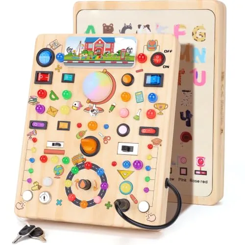 Montessori Spielzeug Busy Board ab 1 Jahr Activity Board aus Holz-Schule | Motorikspielzeug mit，19 Schaltern 40 LED-Leuchten, Baby Spielzeug，Geschenk für Jungen & Mädchen