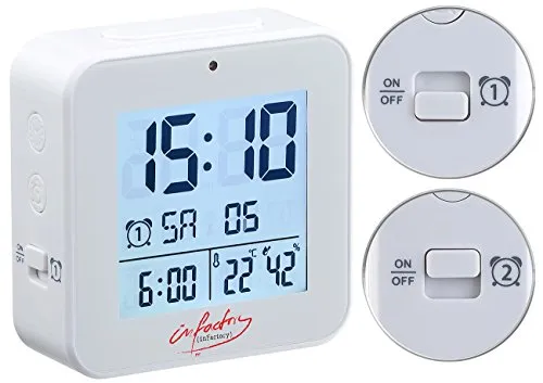 infactory Funkwecker 2 Weckzeiten: Funk-Wecker mit 2 Weckzeiten, Thermo-Hygrometer, Lichtsensor, weiß (Wecker mit Zwei, Funkwecker Digital 2, Alarmzeiten)