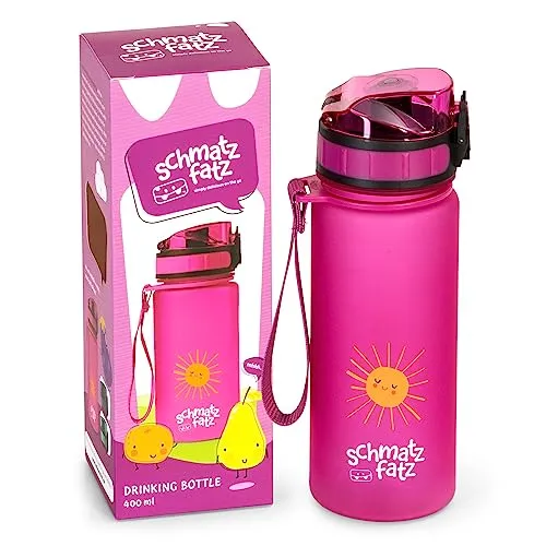 schmatzfatz Kinder Trinkflasche 400ml, Sport für Schule Kindergarten, 1-Klick Verschluss, Geschmacksneutrale Wasserflasche, Auslaufsicher mit Fruchteinsatz, BPA-Frei