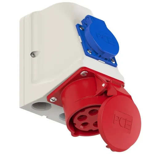 CEE Wandsteckdose PCE Combo 32A IP44 5-polig grau/rot/blau - Sonstige Kabel & Adapter - Spritzwassergeschützte 32A CEE-Wandsteckdose mit integrierter Schutzkontaktsteckdose, ideal für den sicheren Einsatz im Außenbereich.