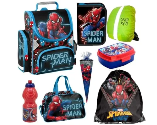 Goldkids Schulranzen Spiderman 8-teiliges Set - Schultaschen-Set mit ergonomischem Ranzen, Federmappe, Trinkflasche und mehr. Ideal für die Grundschule mit praktischen Funktionen und leuchtendem Design für Sicherheit.