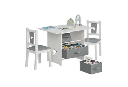 WOLTU Kindersitzgruppe – 1 Kindertisch und 2 Stühle mit Stauraum - Praktisches Kindermöbel Set aus Holz mit 3 Aufbewahrungskörben, perfekt für kreative Spiele und Ordnung im Kinderzimmer.