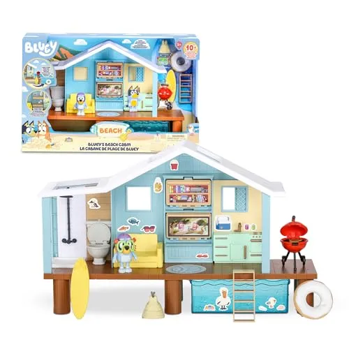 Bluey - Beach Cabin Playset, Strandhaus des blauen Welpen, Figur-Spielzeug, mit Zubehör, Schwimmbad, Brille, Schwimmring, Grill, blaues Häuschen, Berühmte (BLY66000)