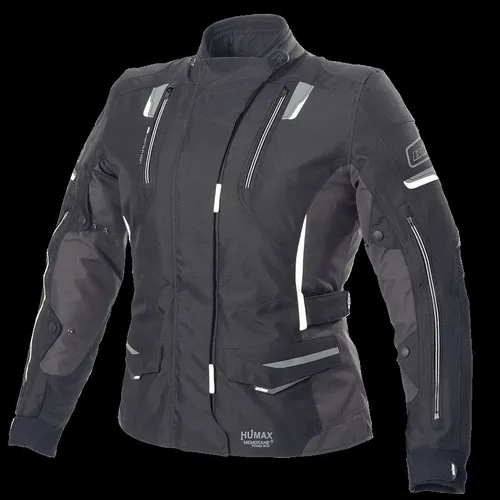 Büse Jana Damen Motorrad Textiljacke, schwarz-grau-gelb, Größe 38 - Motorradjacke aus strapazierfähigem 450D Polyester, wasserdicht und atmungsaktiv dank entnehmbarer Humax® Klimamembran – ideal für sicheres Fahren bei jedem Wetter.