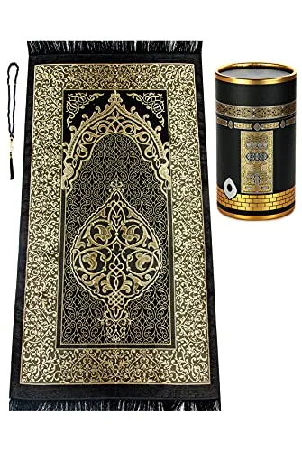 ihvan online Muslimischer Gebetsteppich und Gebetskette mit elegantem Design, zylinderförmige Geschenkbox, Janamaz, Sajadah, weiches islamisches Geschenkset, Teppichmatte, TAFT, Schwarz