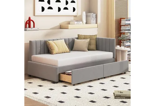 HAUSS SPOLE Schlafsofa 90*200 mit 2 großen Stauraumschubladen und Lattenrost Samt Grau, mit 2 großen Stauraumschubladen und Lattenrost, Schlafsofa 90*200 Multifunktionsbett, ohne Matratze