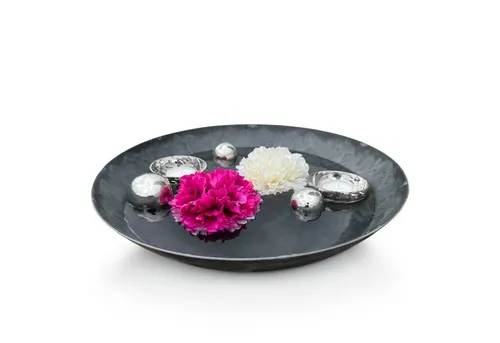 matches21 HOME & HOBBY Wasserspiel Miniteich Set Schale in Schwarz, Schwimm Teelichter Ø 35 cm Silber, (6 tlg), Komplettset mit Schwimmkugeln aus Edelstahl