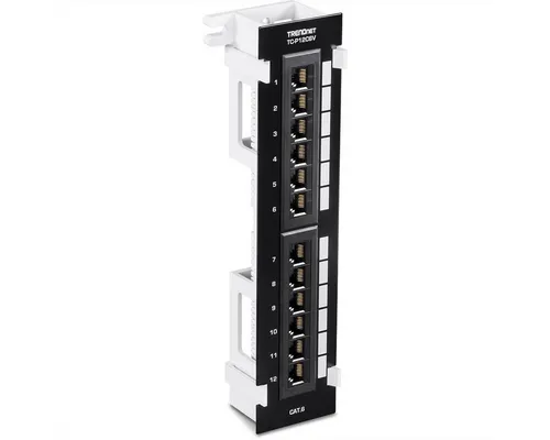 Trendnet TC-P12C6V Patch Panel - 12-Port Wall Mount Cat6 Patch Panel in Schwarz, ideal für effiziente Netzwerkorganisation und einfache Installation.