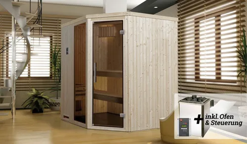 Weka Sauna Varberg 7,5 kW OS mit Glastür in Graphit-Optik - Sauna mit hochwertiger Glastür, ideal für entspannende Wellnessmomente in Ihrem Zuhause.
