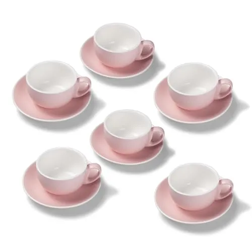Terra Home 6er Milchkaffee-Tassen Set - Rosa, 350 ml, Matt, Porzellan, Dickwandig, Spülmaschinenfest, italienisches Design - Kaffee-Tassen Set mit Untertassen