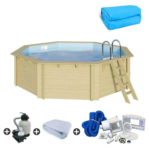 Holzpool SET Achteck Folie blau 4,70 x 4,70 x 1,24 m Holzbecken Pool Schwimmbad