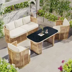 MODFU Garten-Liegestuhl-Set 5-teilig mit 3-Sitzer Sofa und Glastisch - Elegantes 5-teiliges Lounge-Set für Garten und Terrasse: Inklusive 3-Sitzer Sofa, zwei Sesseln und Tisch mit Glasplatte. Robuste Materialien sorgen für langfristigen Komfort und eine stilvolle Atmosphäre im Freien.