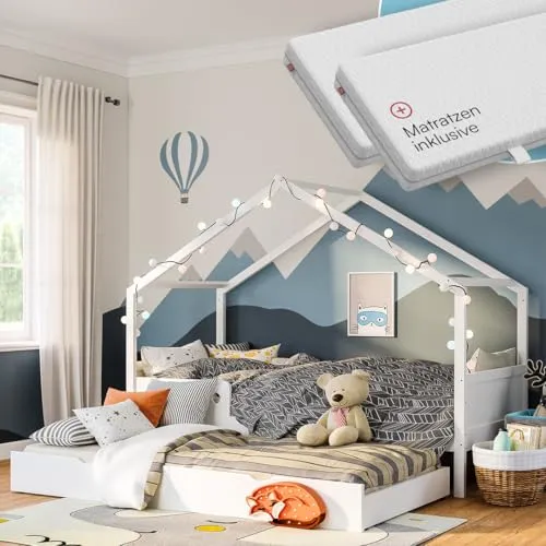 Bellabino Hausbett Bela 90x200 cm mit Gästebett - Abenteuerbett aus Kiefer Massivholz, inkl. Rausfallschutz und 2 Matratzen für optimalen Schlafkomfort und zusätzlichen Platz für Übernachtungsgäste.